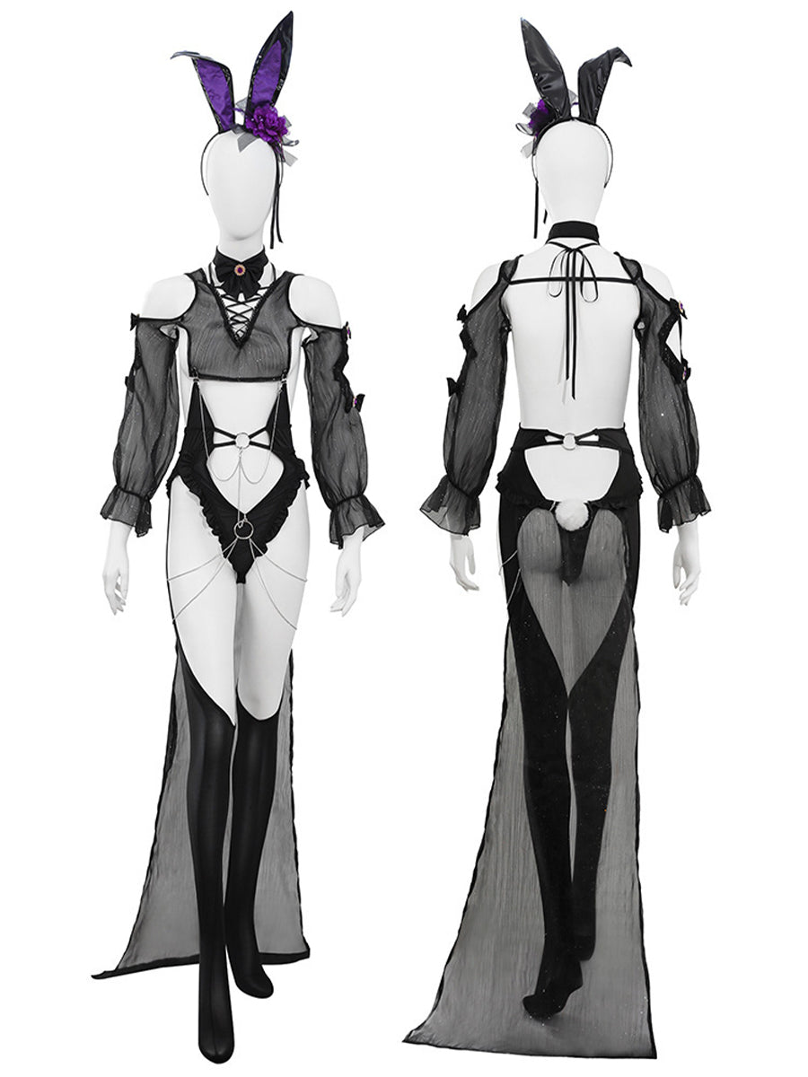 Sexy Black Bunny Costume for Women Sheer Mesh Bodystocking with Headband Choker and Tail YOMORIO Sexy Black Bunny Costume for Women Sheer Mesh Bodystocking with Headband Choker and Tail YOMORIO