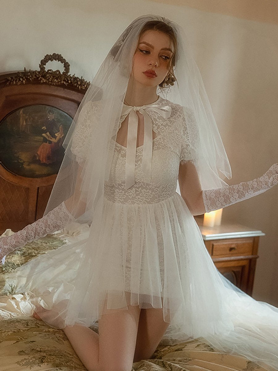 Sexy Bride Costume White Bridal Cosplay Lingerie Dress Floral Lace Wedding Sleepwear, White / L