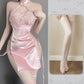 Sexy Chinese Lingerie Dress Lace-Up Side Slit Cheongsam Dresses Pink Satin Babydoll Nightie
