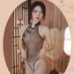 Sexy Chinese Style Lingerie Set Fishnet Open Crotch Teddy Bodysuit with Skirt