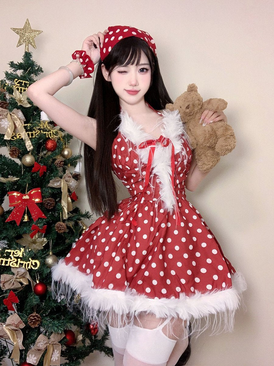 Sexy Christmas Dress Red Santa Clause Costume Fuzzy Polka Dots Party Dress, Red / S