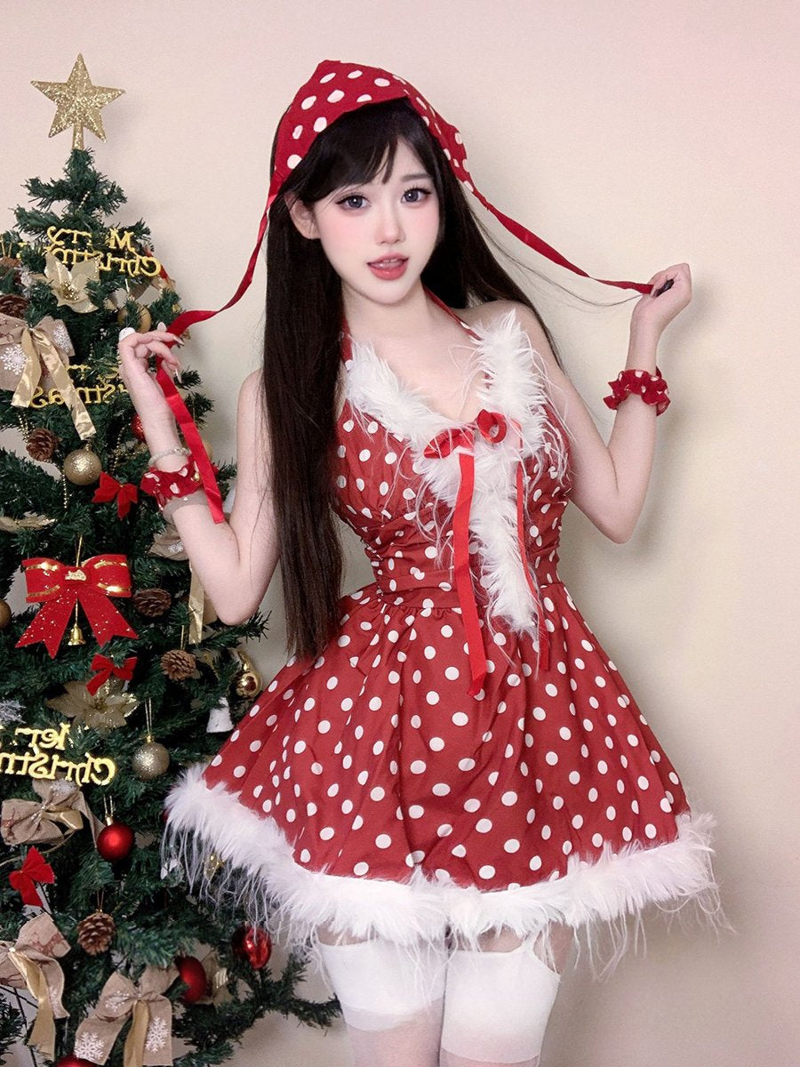 Sexy Christmas Dress Red Santa Clause Costume Fuzzy Polka Dots Party Dress, Red / S