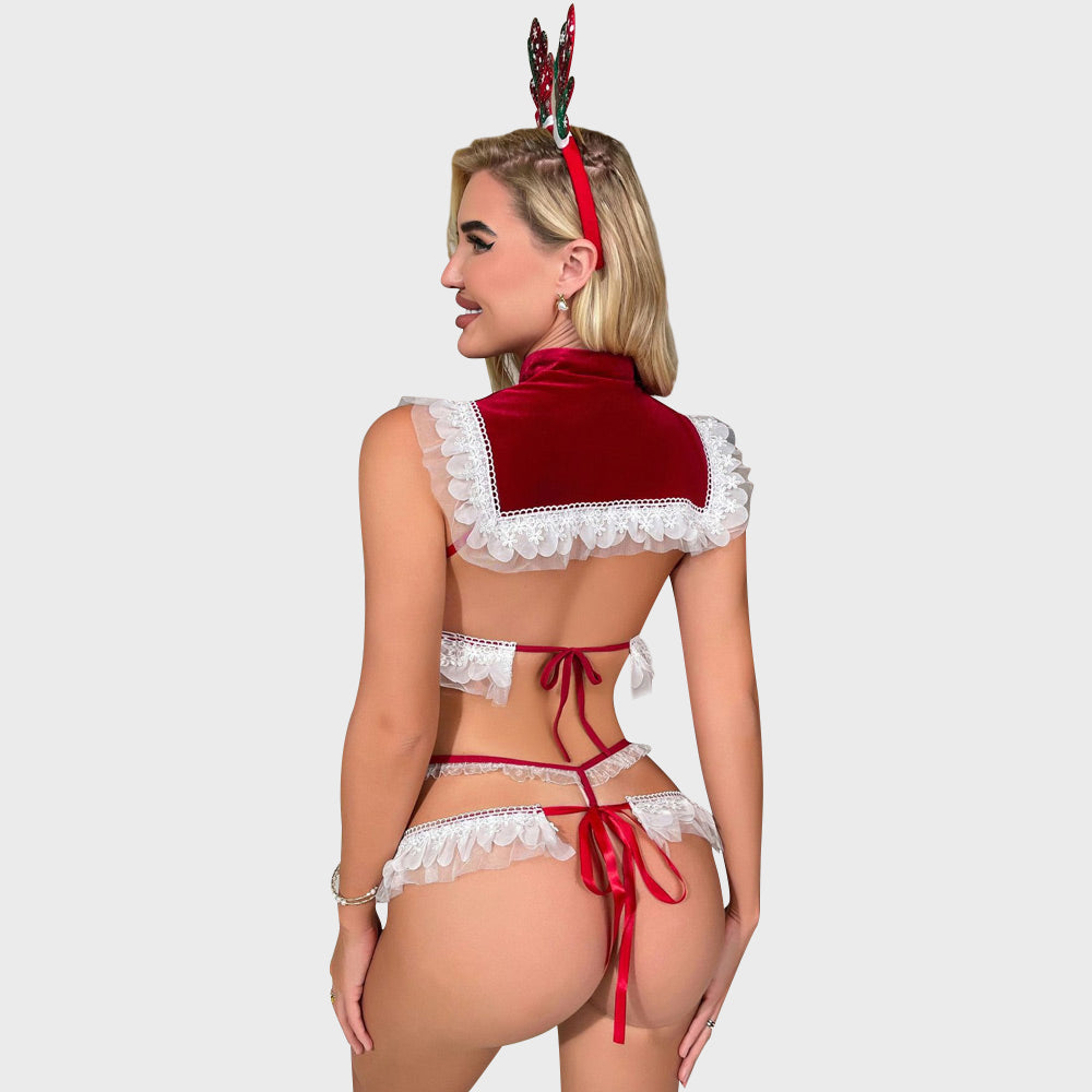 Sexy Christmas Lingerie Set Mrs Santa Claus Cosplay Outfit 3 Piece Red  Velvet Bra Set