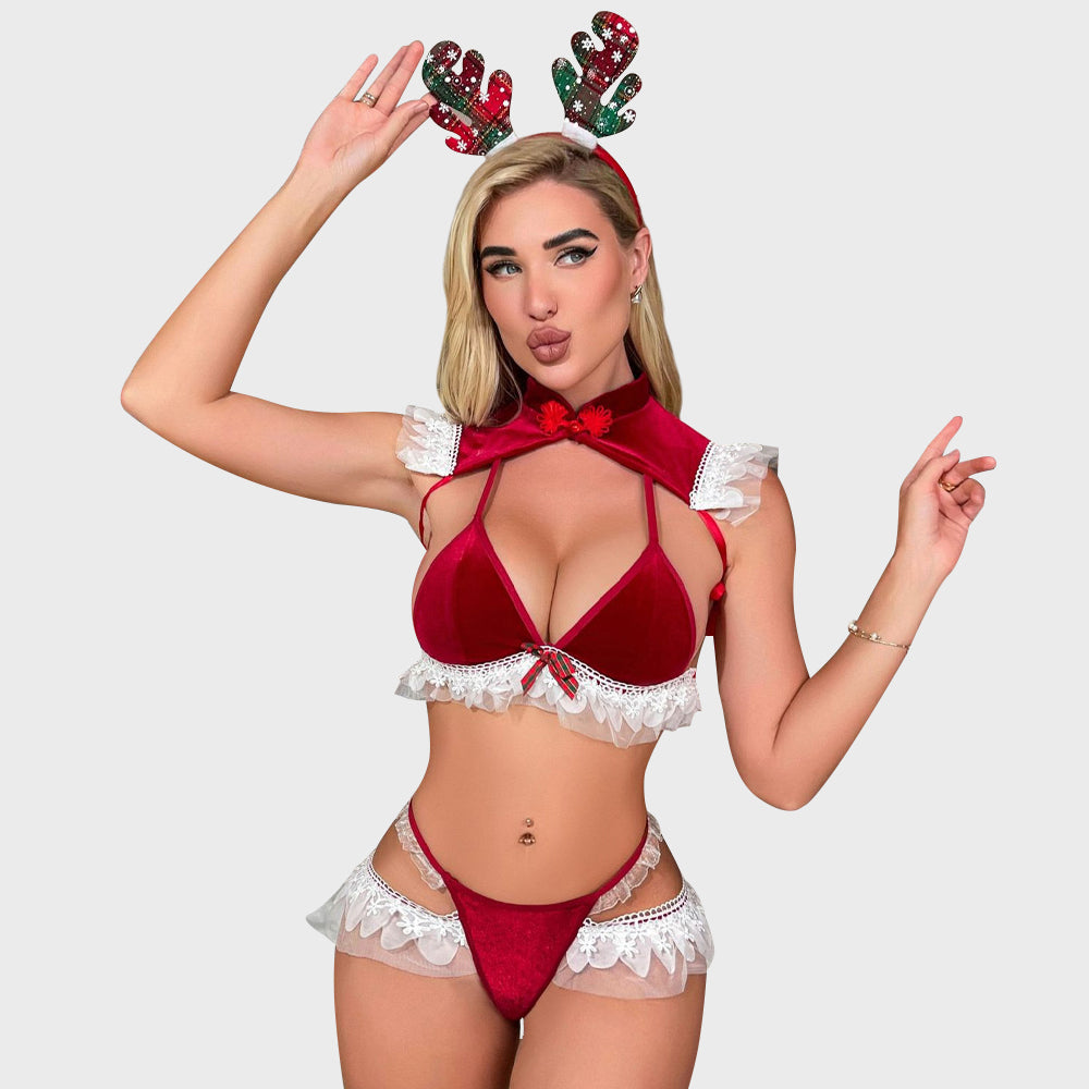 Sexy Christmas Lingerie Set Mrs Santa Claus Cosplay Outfit 3 Piece Red –  YOMORIO
