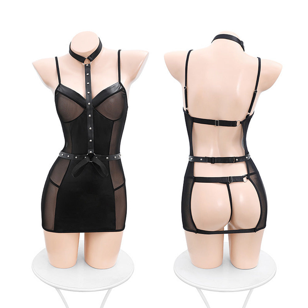 Sexy Exotic Lingerie Set Wet Look Bodycon Dress with Harness Sheer Mesh Backless Lingerie Dress