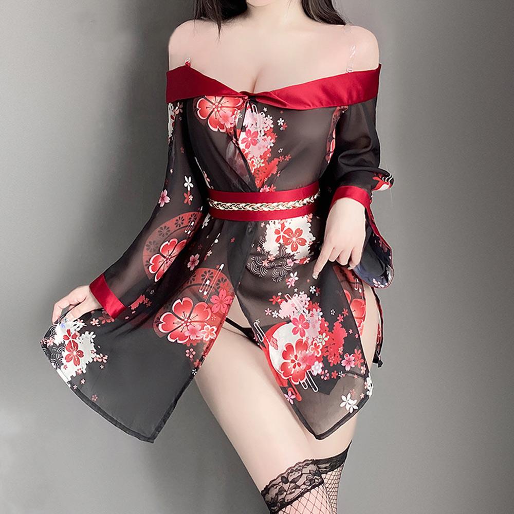 Sexy Kimono Lingerie Anime Japanese Geisha Costume Sheer Floral Cosplay Lingerie Dress