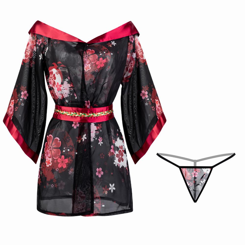 Sexy Kimono Lingerie Anime Japanese Geisha Costume Sheer Floral Cosplay Lingerie Dress