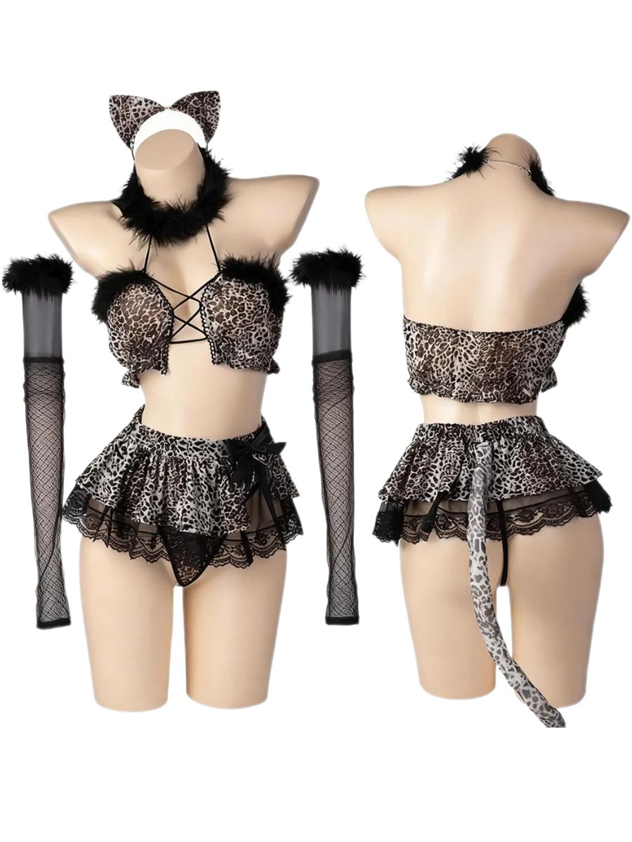Sexy Leopard Print Cat Cosplay Lingerie Set Faux Fur Trimmed Animal Roleplay Costume