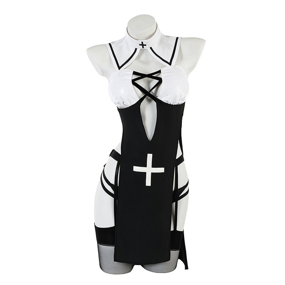 Sexy Nun Costume Nun Habit Cosplay Outfit High Slit Lingerie Dress Wit Yomorio