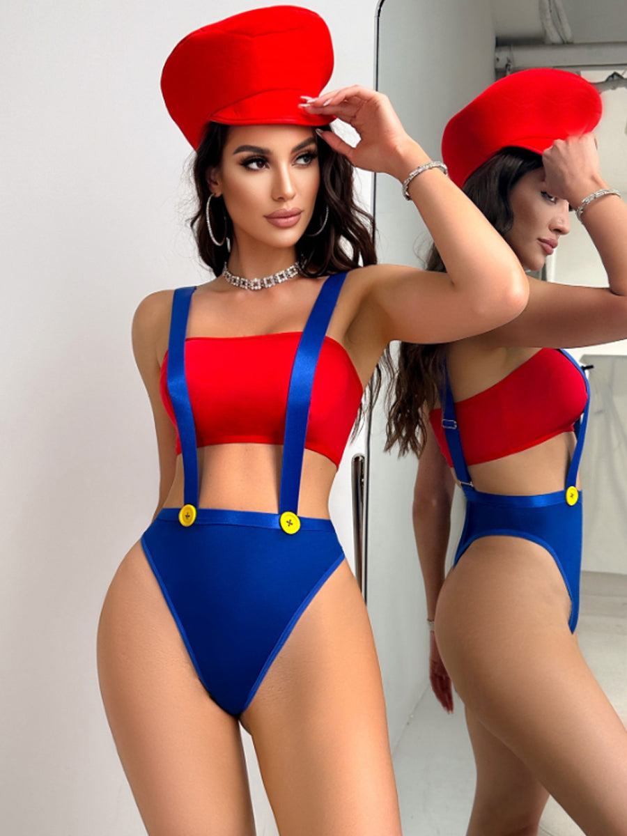 Sexy Plumber Princess Costume Set 3 Piece Bandeau Top with Suspenders Shorts and Hat