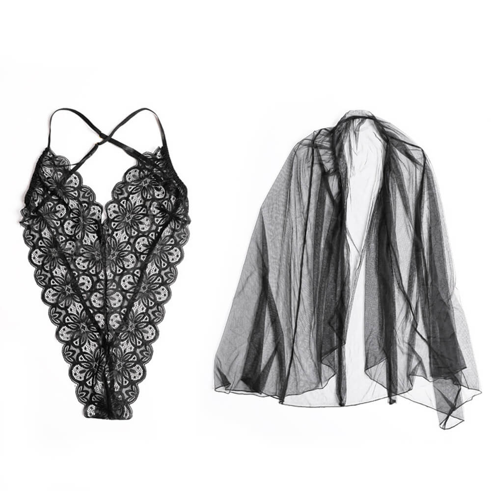 Yomorio Sheer Lace Bodysuit & Maxi Skirt Set Plus Size Lingerie Teddy