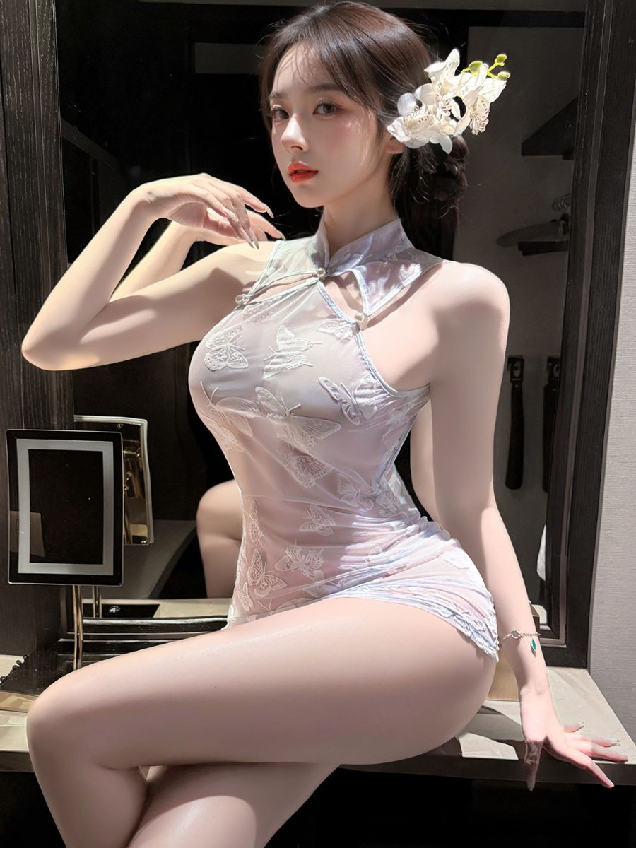 Modern Cheongsam Cosplay Dress Sexy Backless Butterfly Embroidered Qipao Lingerie 