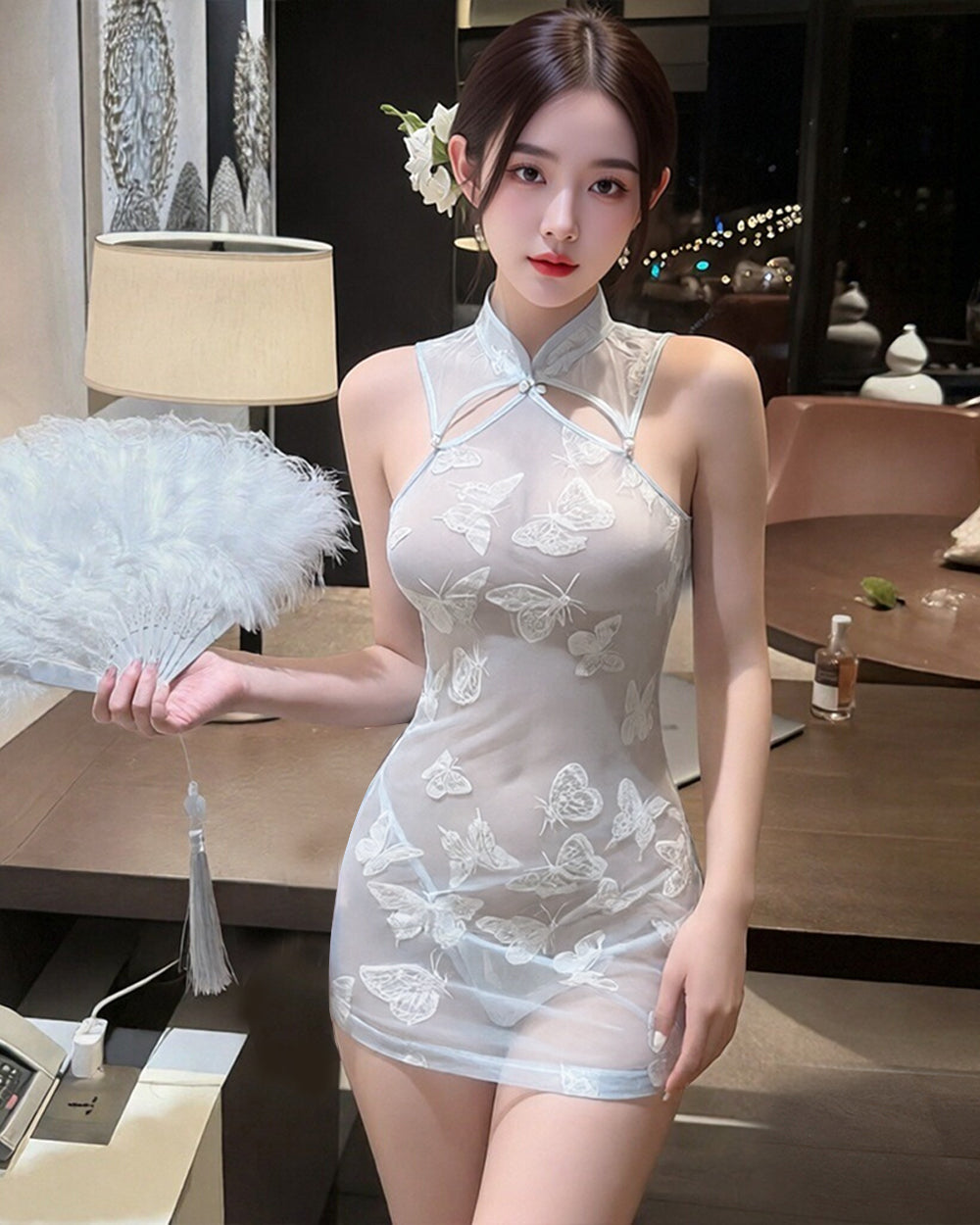 Modern Cheongsam Cosplay Dress Sexy Backless Butterfly Embroidered Qipao Lingerie 