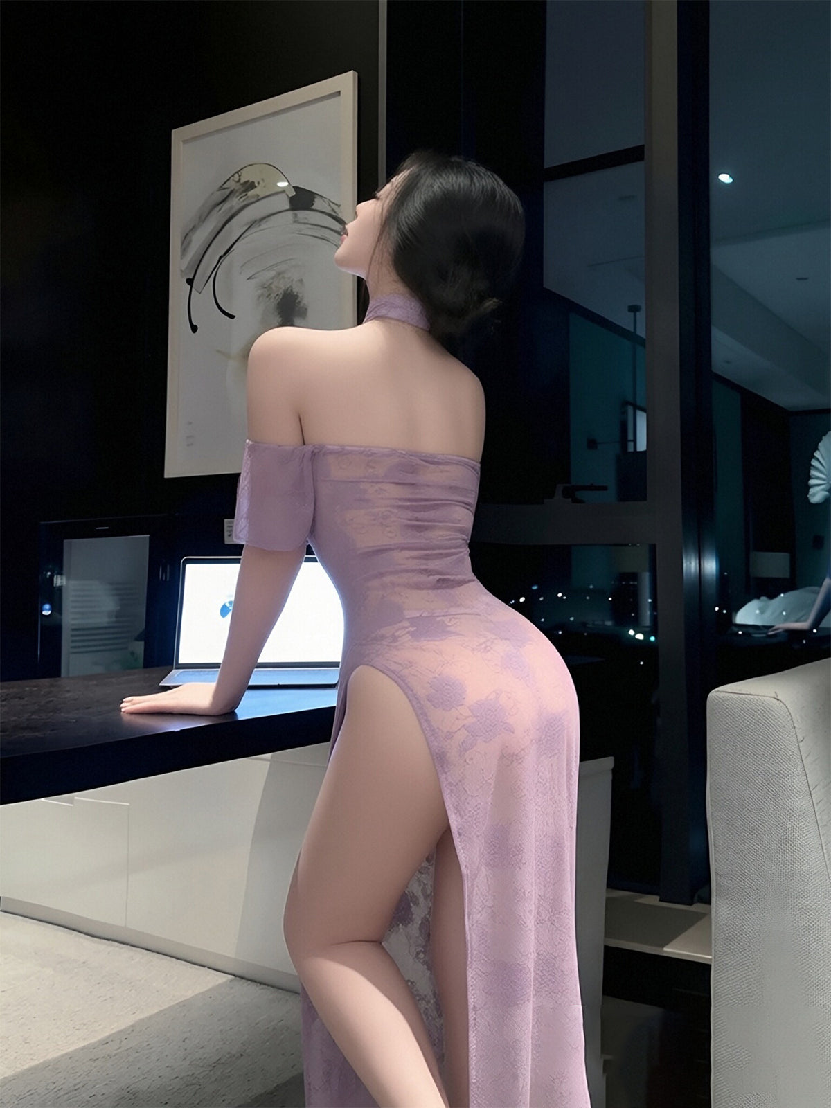 Sexy Purple Lace Cheongsam Lingerie Set Modern High Slit Qipao Cosplay Sleepwear 
