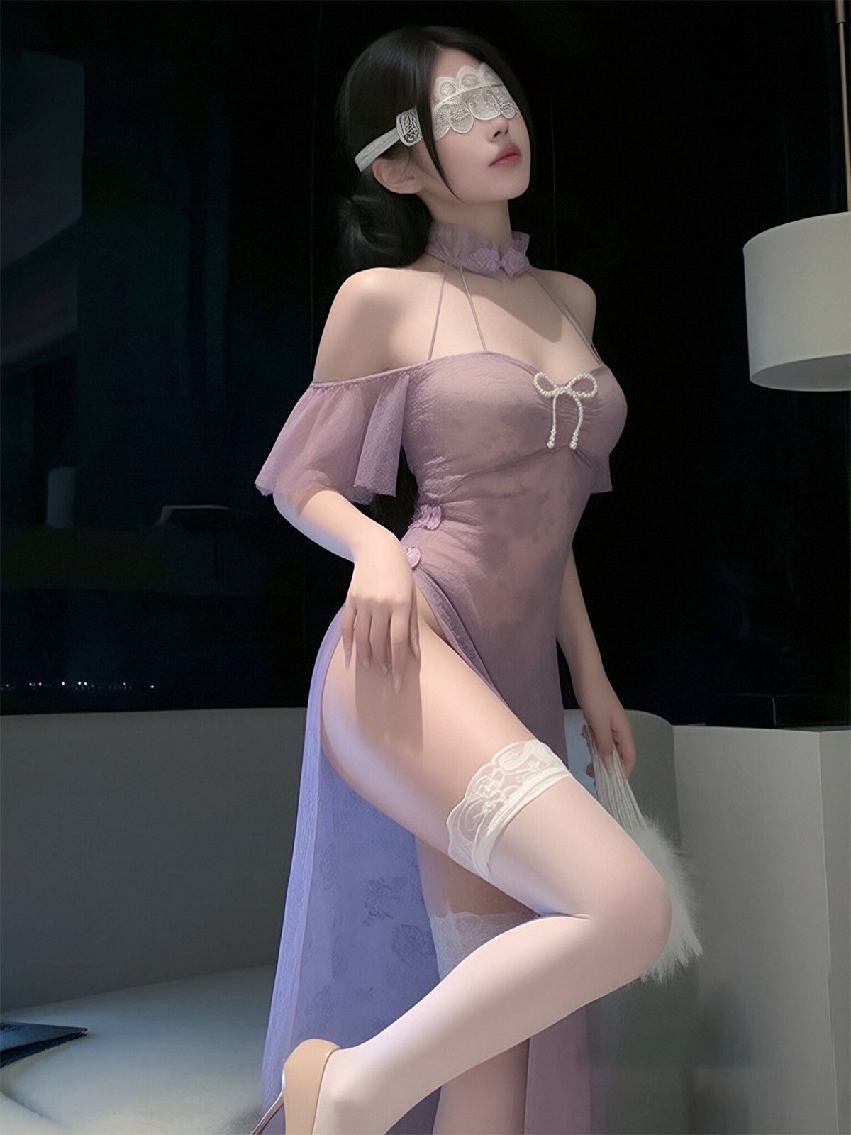 Sexy Purple Lace Cheongsam Lingerie Set Modern High Slit Qipao Cosplay Sleepwear 