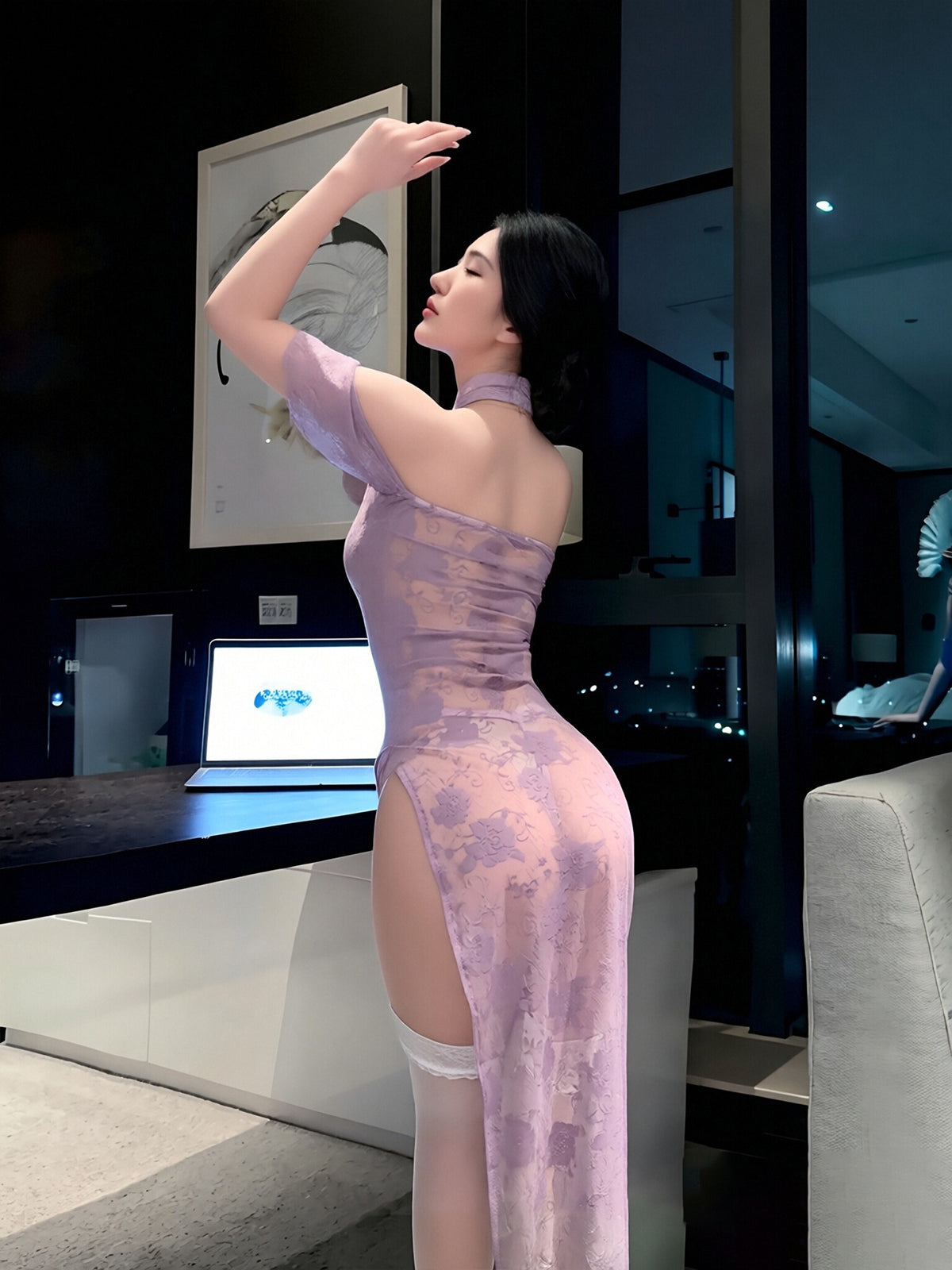 Sexy Purple Lace Cheongsam Lingerie Set Modern High Slit Qipao Cosplay Sleepwear 