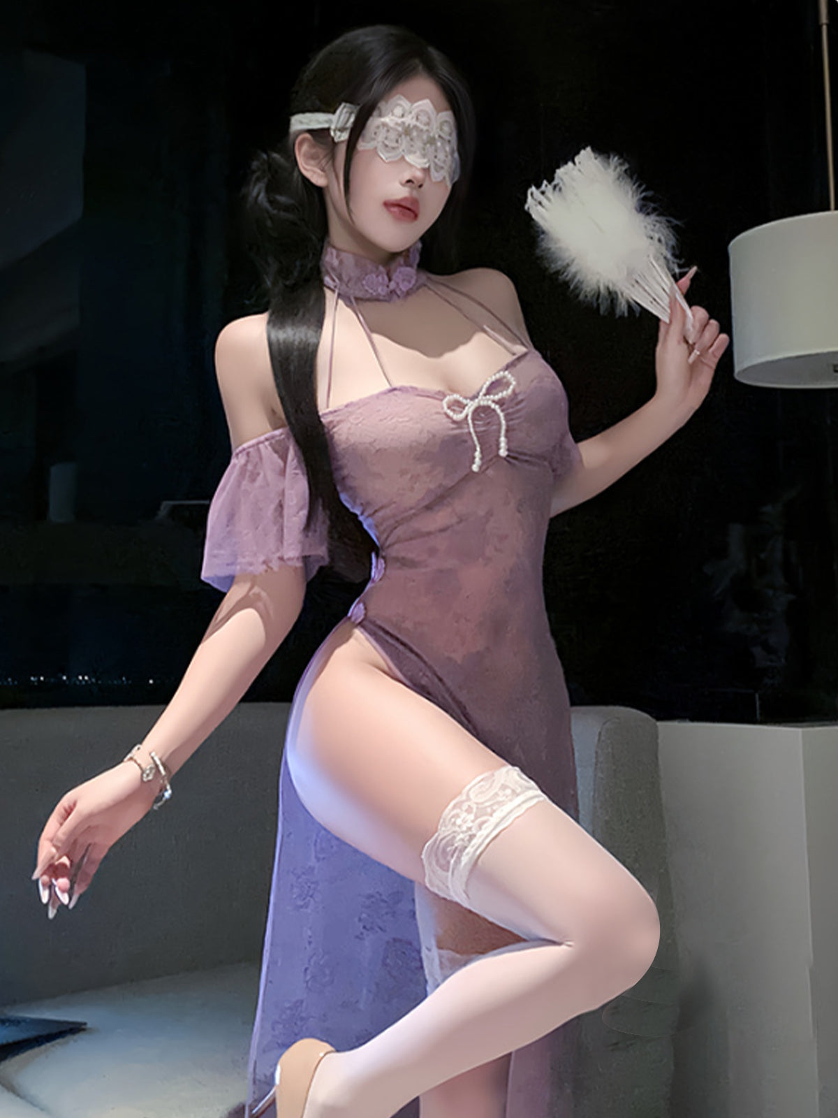 Sexy Purple Lace Cheongsam Lingerie Set Modern High Slit Qipao Cosplay Sleepwear 