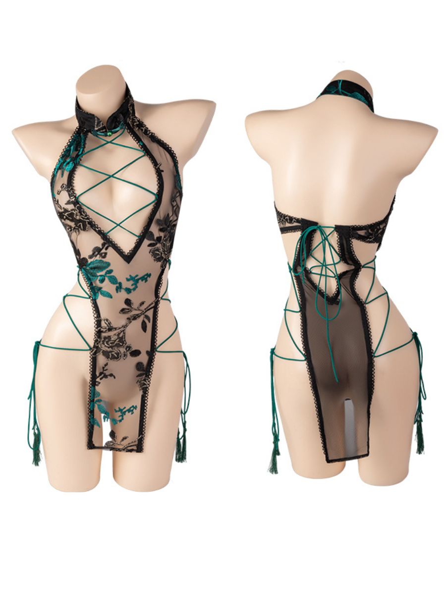 Modern Cheongsam Lingerie Set Emerald Floral Sheer Lace-up Babydoll Dress