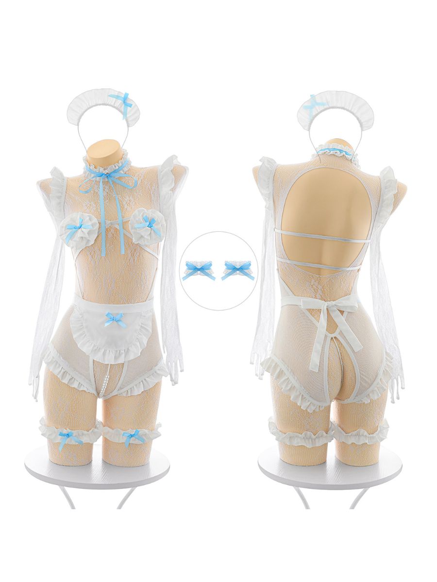 Anime Maid Maid Cosplay Lingerie Sheer Lace Bodystocking and Ruffled Apron with Accessories
