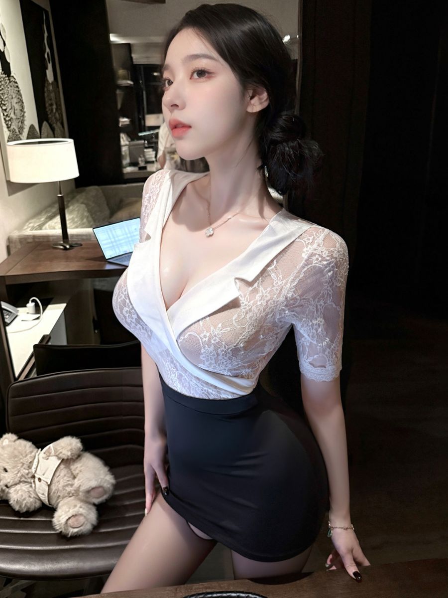 Sheer Lace Secretary Bodycon Dress Wrap Lapel Short Sleeve Lingerie Dress