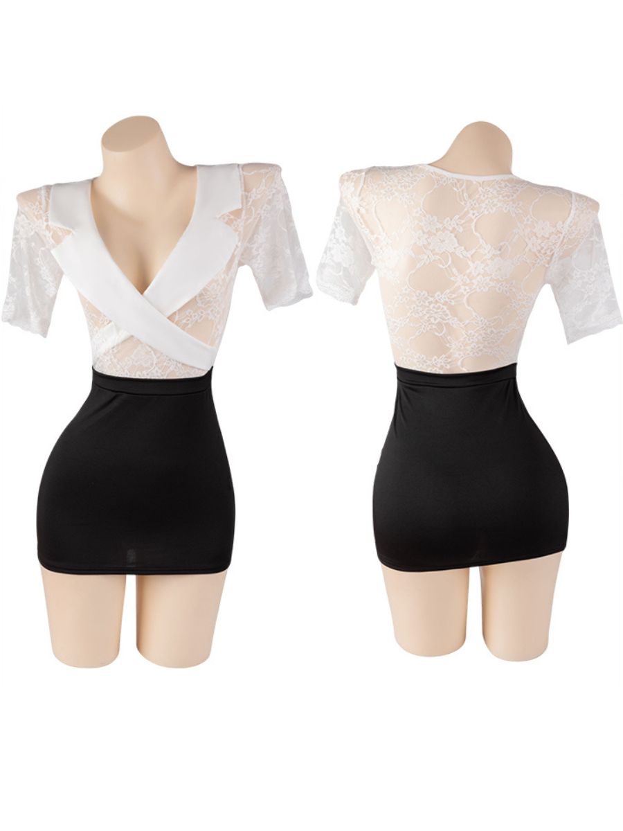 Sheer Lace Secretary Bodycon Dress Wrap Lapel Short Sleeve Lingerie Dress