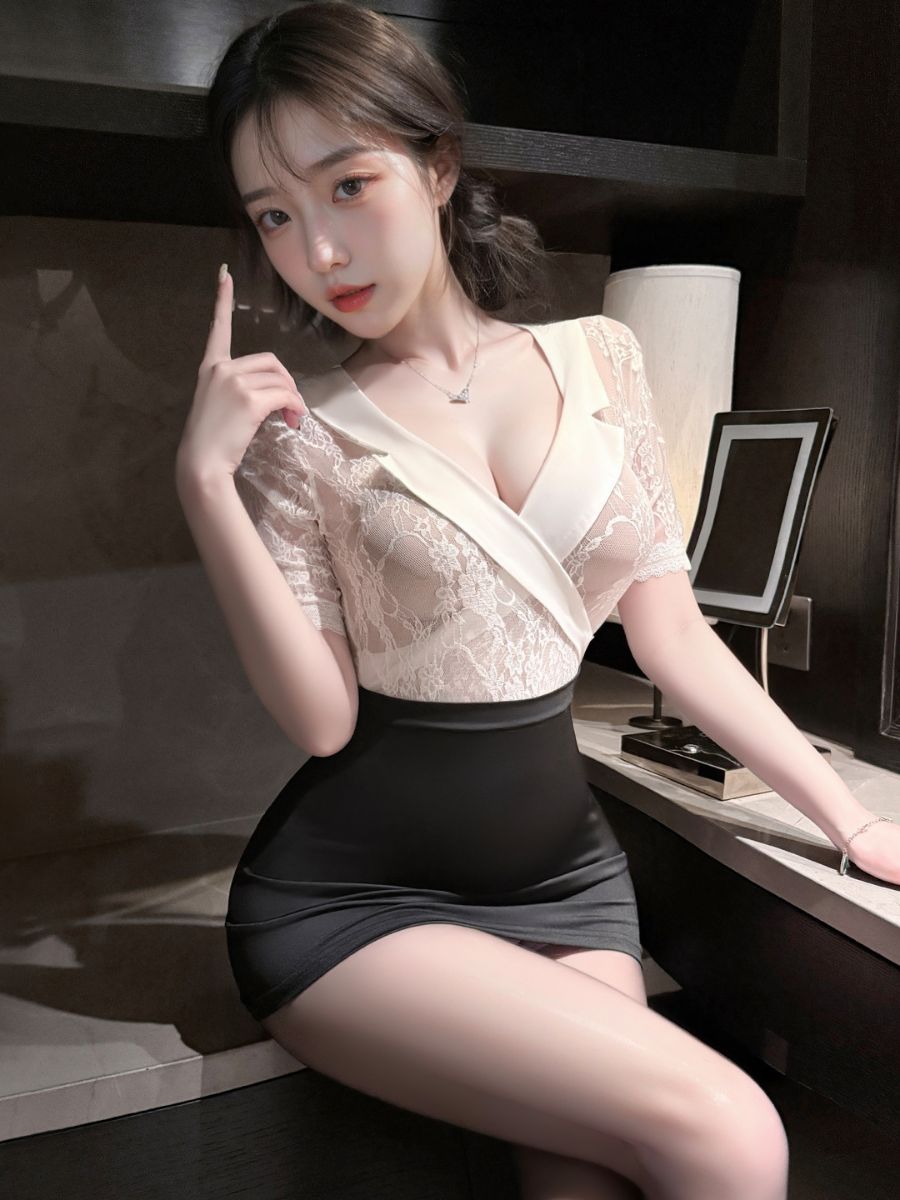Sheer Lace Secretary Bodycon Dress Wrap Lapel Short Sleeve Lingerie Dress 