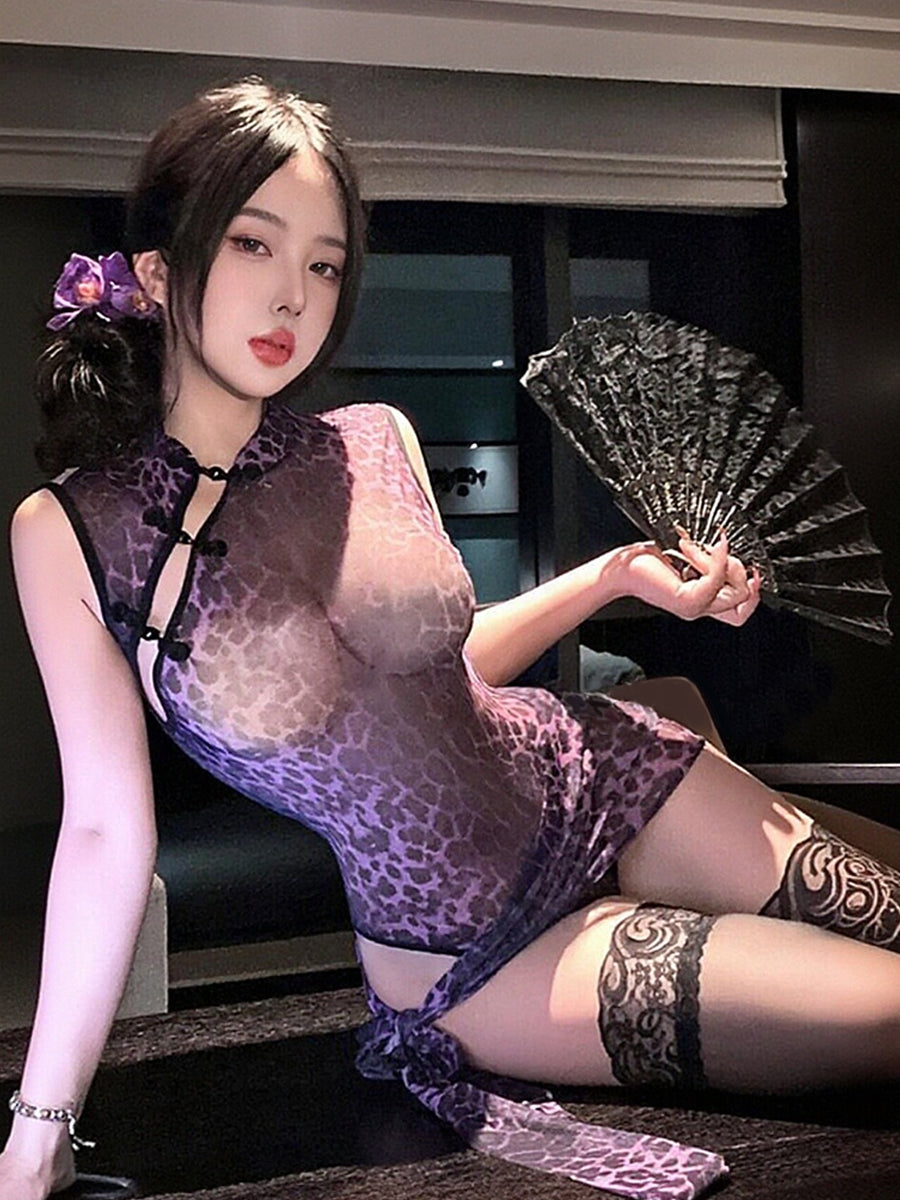 Sheer Leopard Cheongsam Lingerie Set Chinese Mesh Crotchless Bodysuit with Tie-Side Skirt