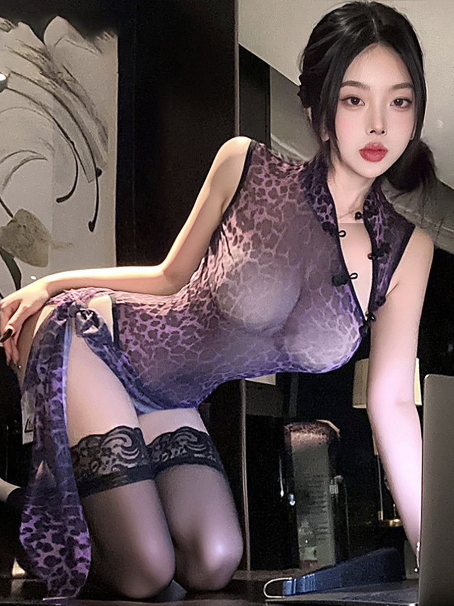 Sheer Leopard Cheongsam Lingerie Set Chinese Mesh Crotchless Bodysuit with Tie-Side Skirt
