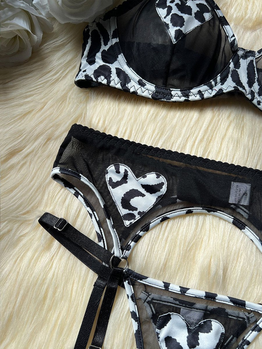 Cow Print Heart Garter Bra Set YOMORIO Cow Print Heart Garter Bra Set YOMORIO