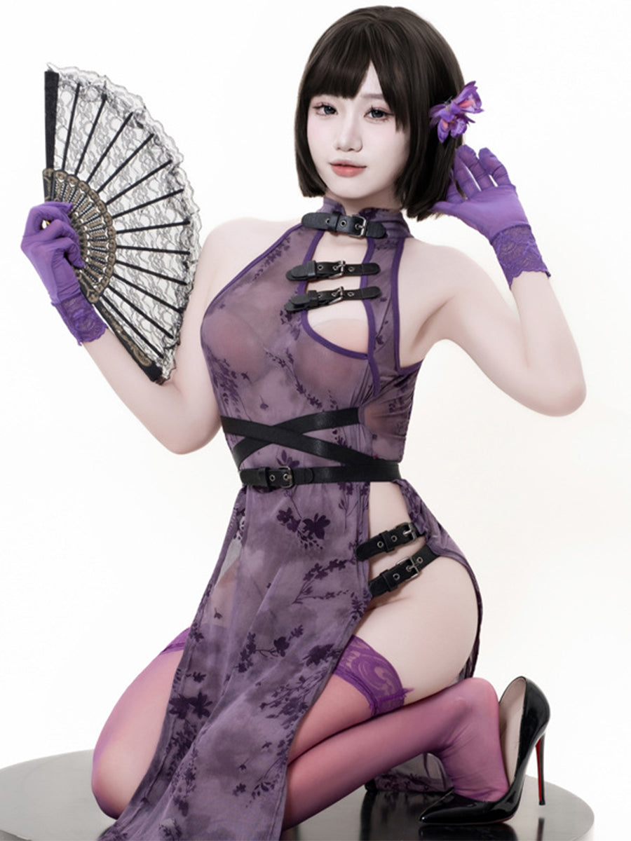 Sheer Mesh High Slit Cheongsam Set