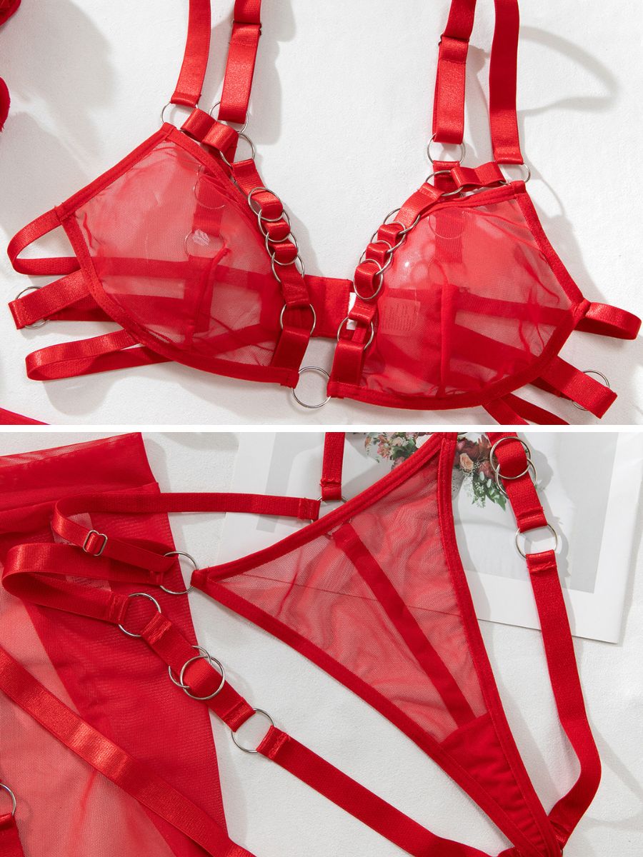 Sheer Mesh Strappy Lingerie Set 3-Piece Bra and Thong with Harness Garter Mini Skirt