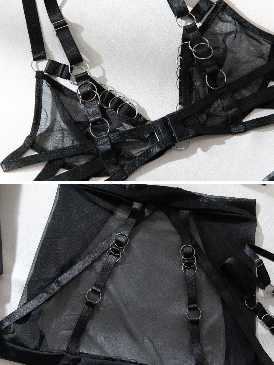 Sheer Mesh Strappy Lingerie Set 3-Piece Bra and Thong with Harness Garter Mini Skirt