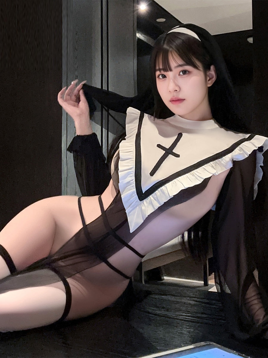 Gothic Nun Lingerie Set Sheer Mesh High Slit Babydoll Dress with Veil Headband