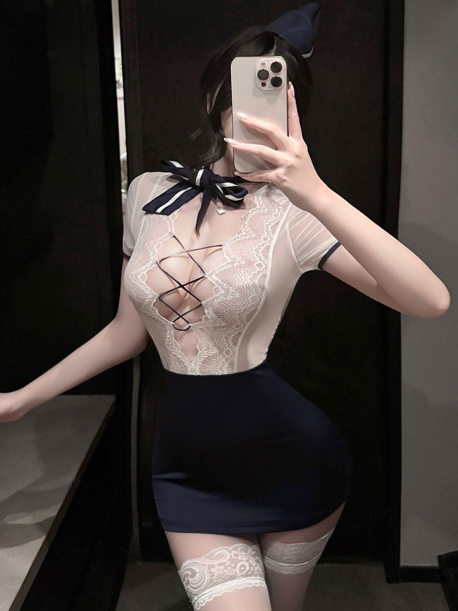 Sexy Flight Attendant Cosplay Lingerie Set White Lace Air Hostess Costume 
