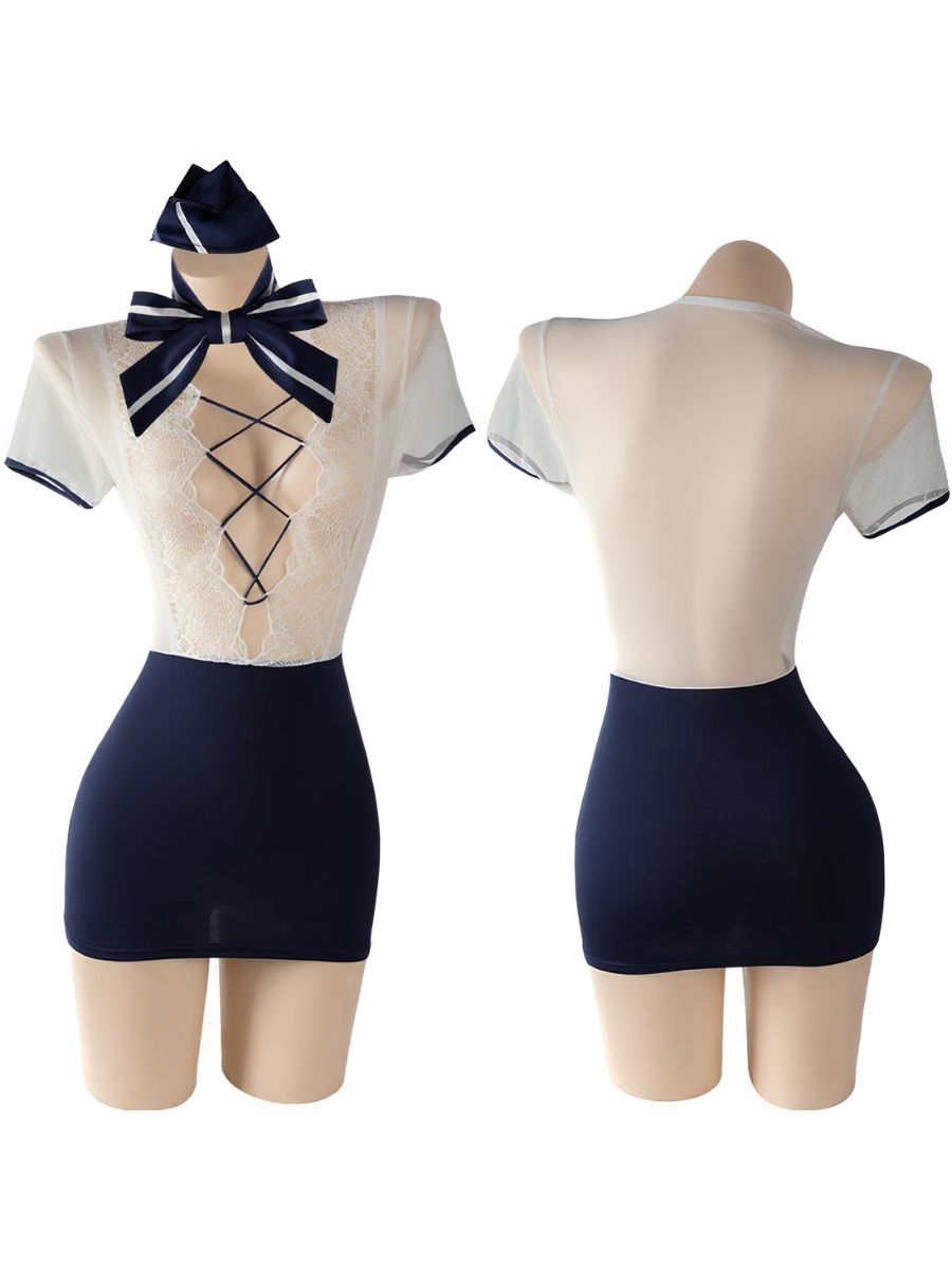 Sexy Flight Attendant Cosplay Lingerie Set White Lace Air Hostess Costume 