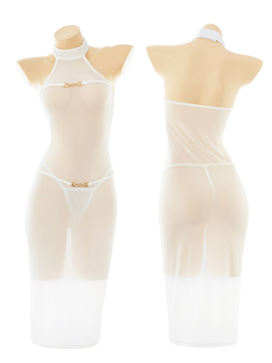 Sexy Sheer Mesh Midi Dress White Halter Lingerie Dress with Matching Thong