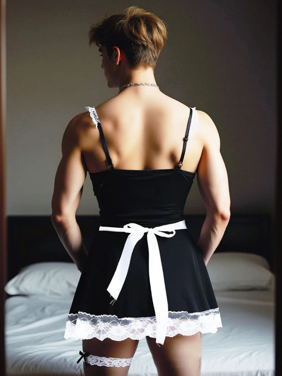 Men’s Sissy Maid Cosplay Costume Lace Trim French Maid Lingerie Dress
