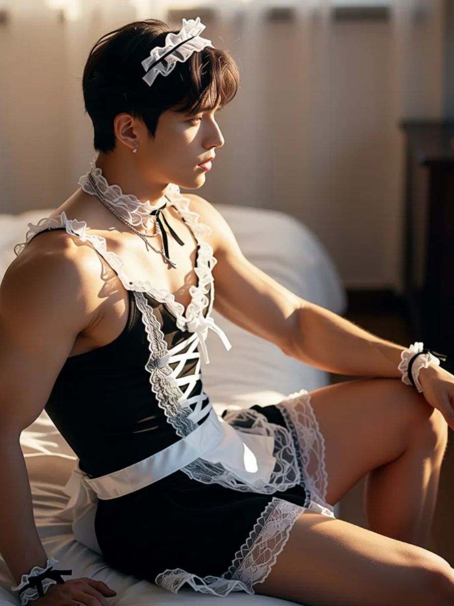 Men’s Sissy Maid Cosplay Costume Lace Trim French Maid Lingerie Dress