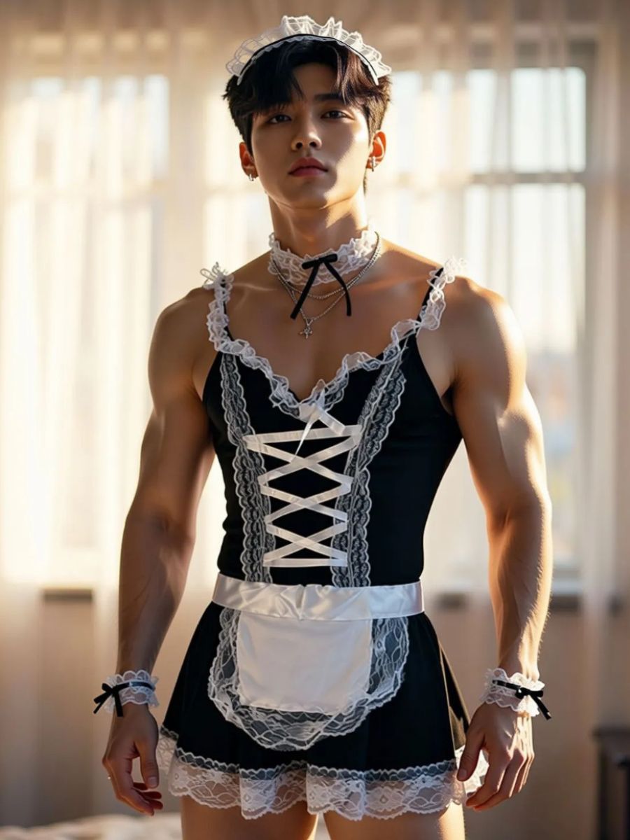 Men’s Sissy Maid Cosplay Costume Lace Trim French Maid Lingerie Dress