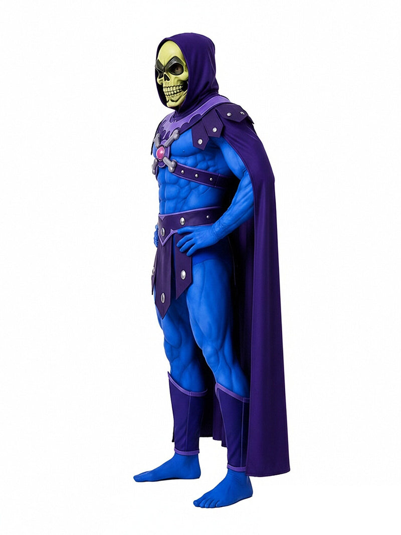 He Man Skeletor Costume Skull Villain Muscle Print Cosplay Jumpsuit and Hooded Cape
