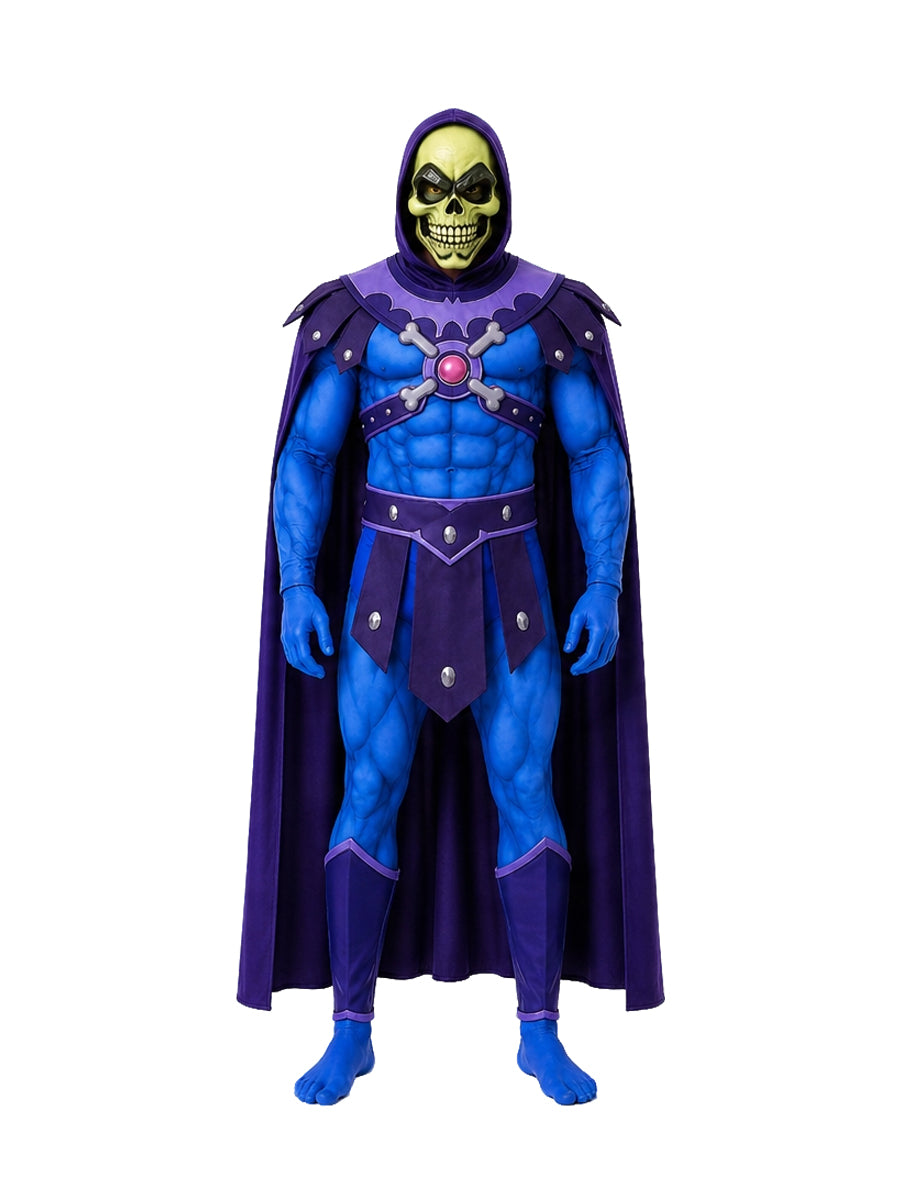 He Man Skeletor Costume Skull Villain Muscle Print Cosplay Jumpsuit and Hooded Cape
