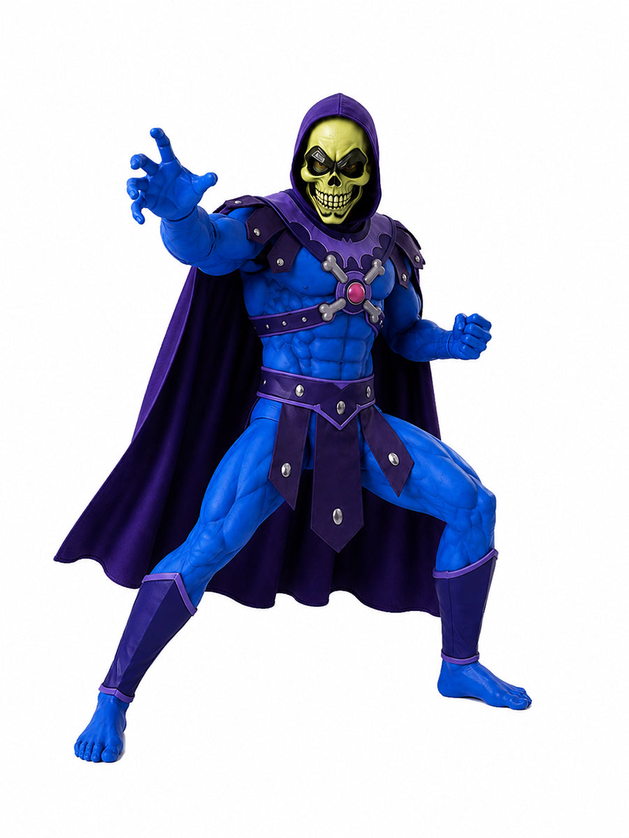 He Man Skeletor Costume Skull Villain Muscle Print Cosplay Jumpsuit and Hooded Cape