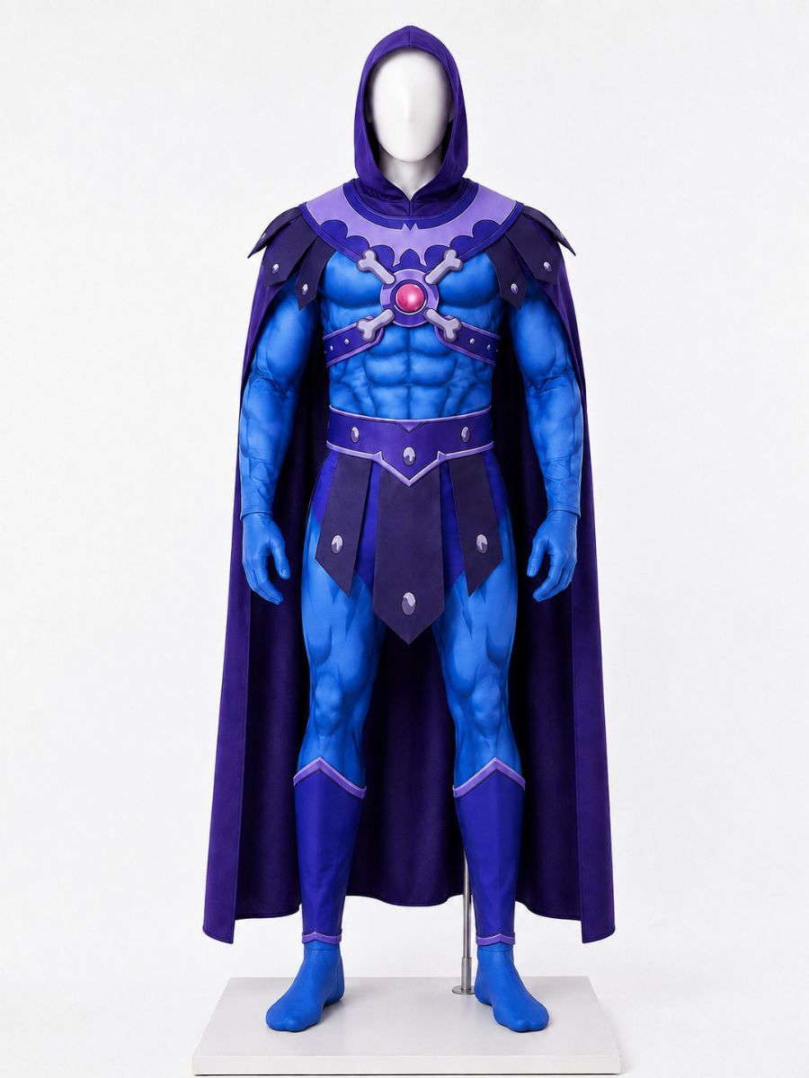 He Man Skeletor Costume Skull Villain Muscle Print Cosplay Jumpsuit and Hooded Cape