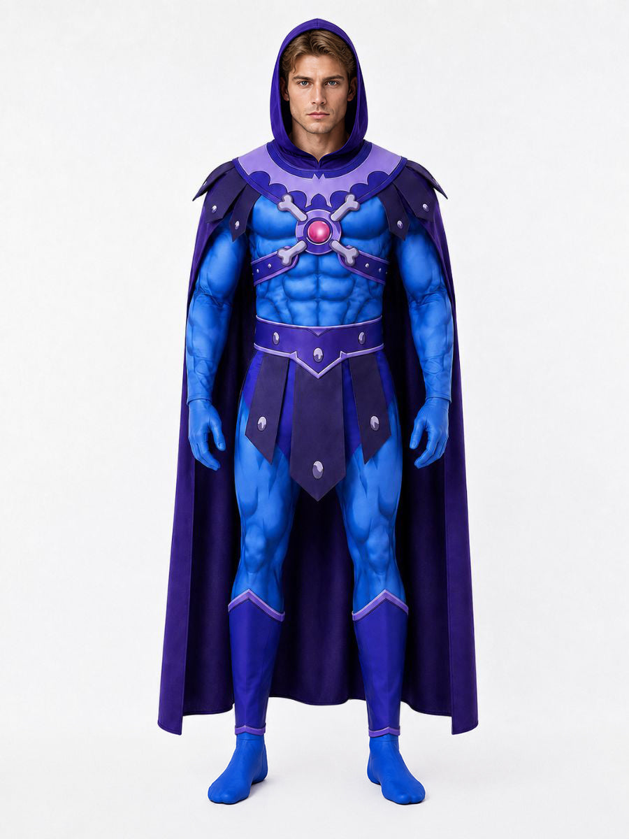 He Man Skeletor Costume Skull Villain Muscle Print Cosplay Jumpsuit and Hooded Cape