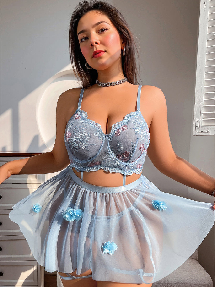 Plus Size Lace Bra and Tulle Mini Skirt Blue Floral Embroidery Lingerie Set