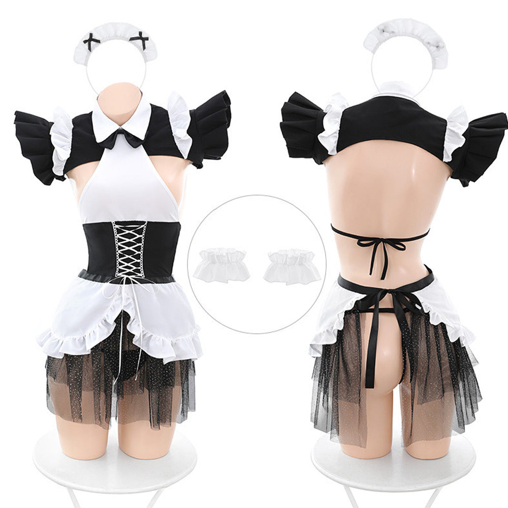 Slutty French Maid Costume Anime Maid Cosplay Lingerie Ruffled Mesh Lolita Babydoll Dress