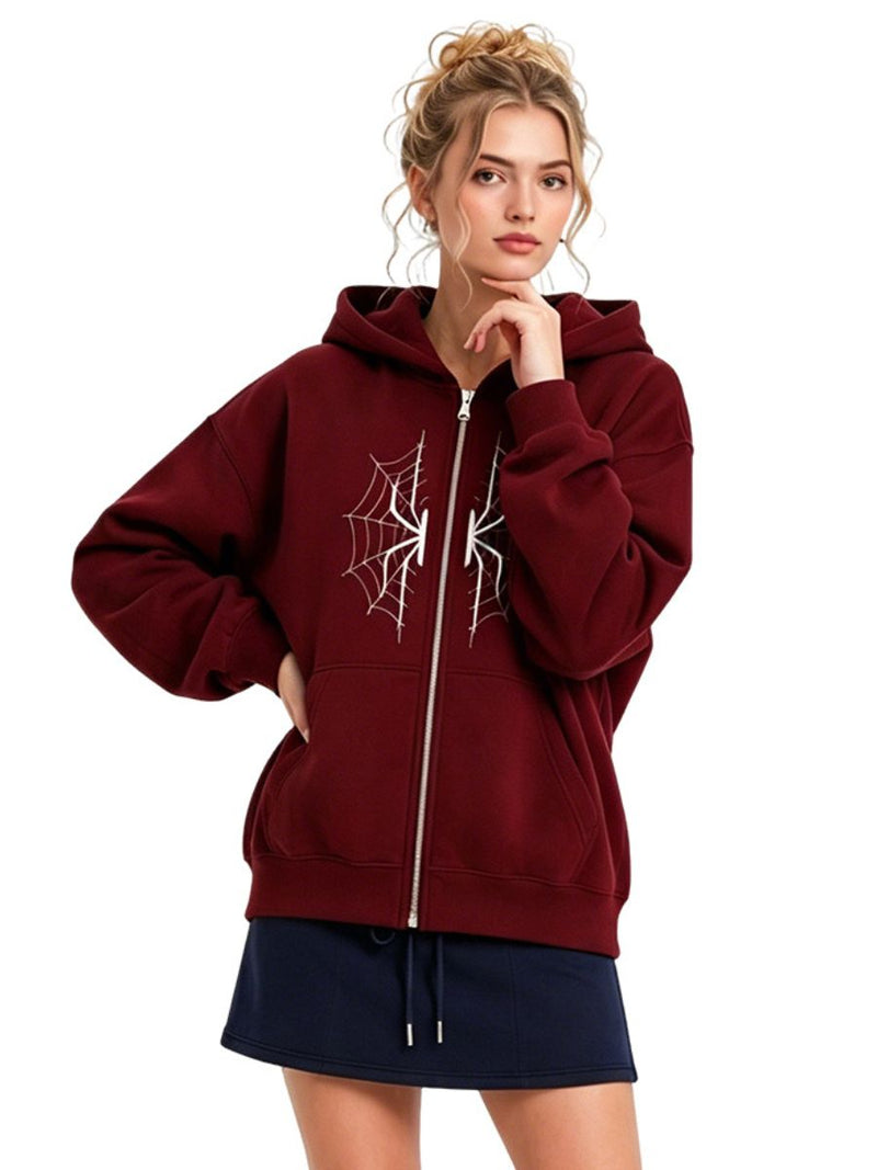 Plus Size Spider Zip-Up Hoodie Burgundy Oversized Sweatshirt for Women