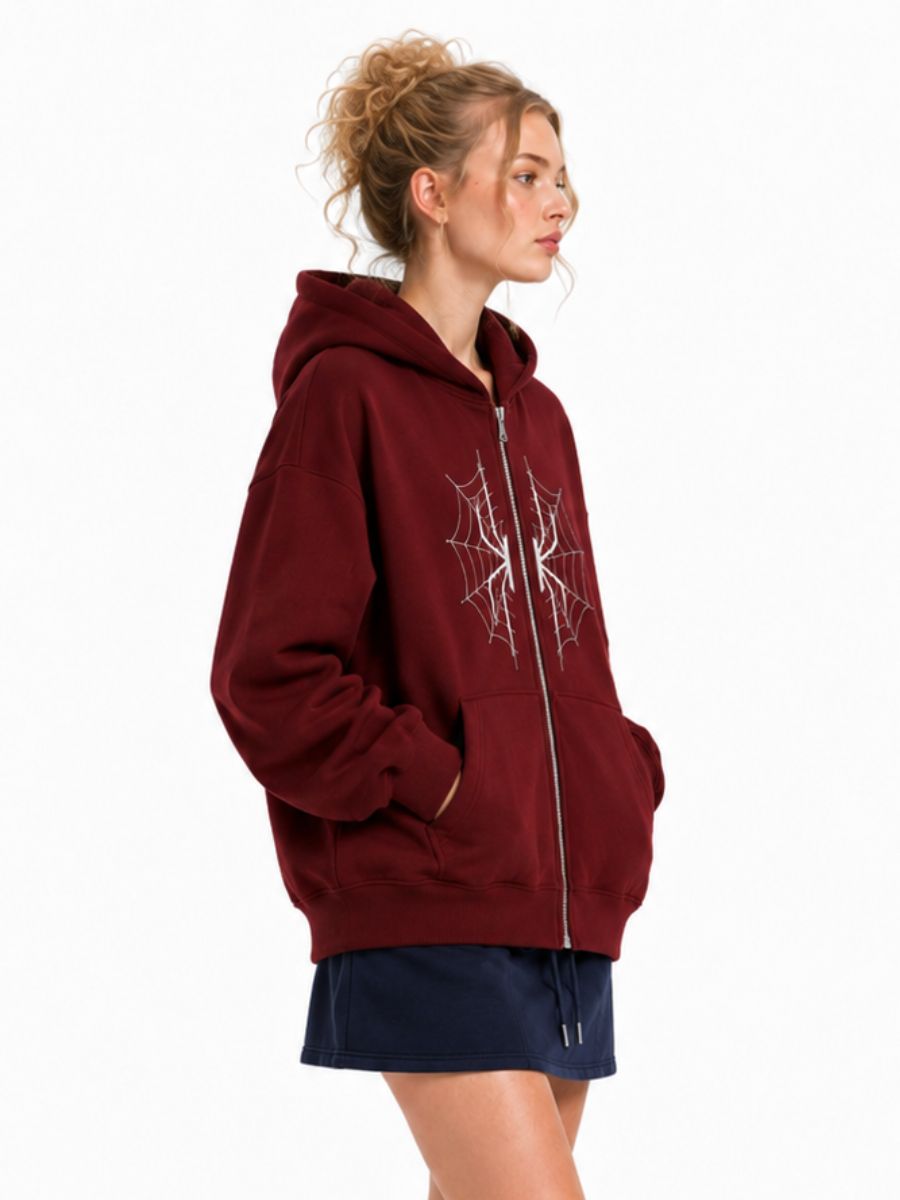 Plus Size Spider Zip-Up Hoodie Burgundy Oversized Sweatshirt for Women