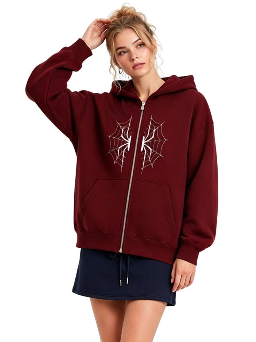 Plus Size Spider Zip-Up Hoodie Burgundy Oversized Sweatshirt for Women