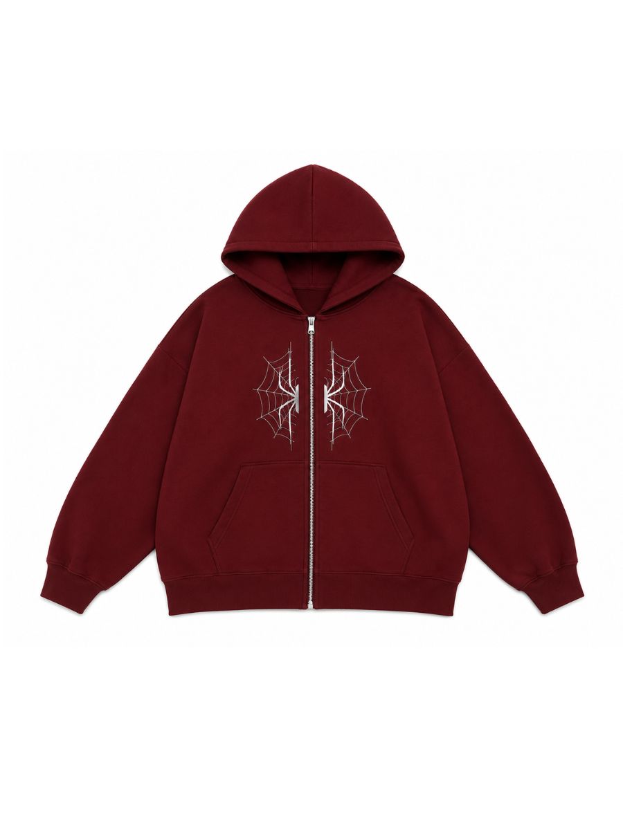 Plus Size Spider Zip-Up Hoodie Burgundy Oversized Sweatshirt for Women